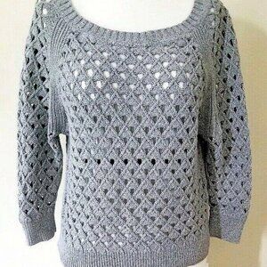 American Eagle Outfitters Sz M Gray Knit Crochet Top Sweater 3/4 sleeve Net Crop